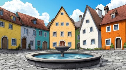Colorful Cartoon Village Square with Fountain and Charming Houses Under Blue Sky