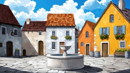 Charming European Village Square with Colorful Houses and Sunlit Fountain