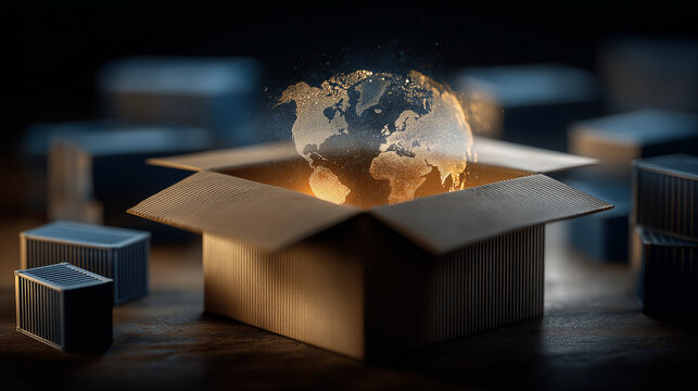 World in a Box: An innovative visual portrays the world emerging from a box, representing global concepts like distribution and delivery, idea expansion.