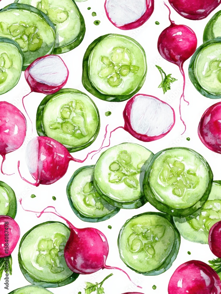 Poster colorful watercolor pattern featuring sliced cucumbers and radishes with space for text above