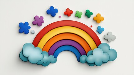 Colorful Three-Dimensional Rainbow and Clouds with Flowers on Light Background