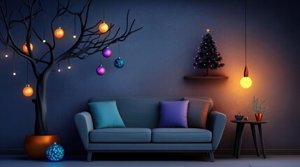 Cozy Living Room Decorated for Christmas with Colorful Ornaments and Tree