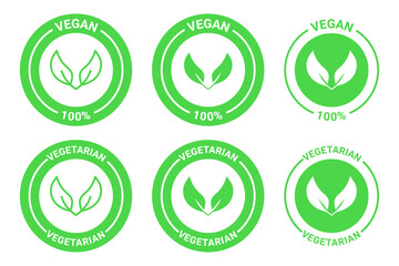 Set of Vegan and Vegetarian Labels in Green with Leaf Symbols for Food and Packaging Design
