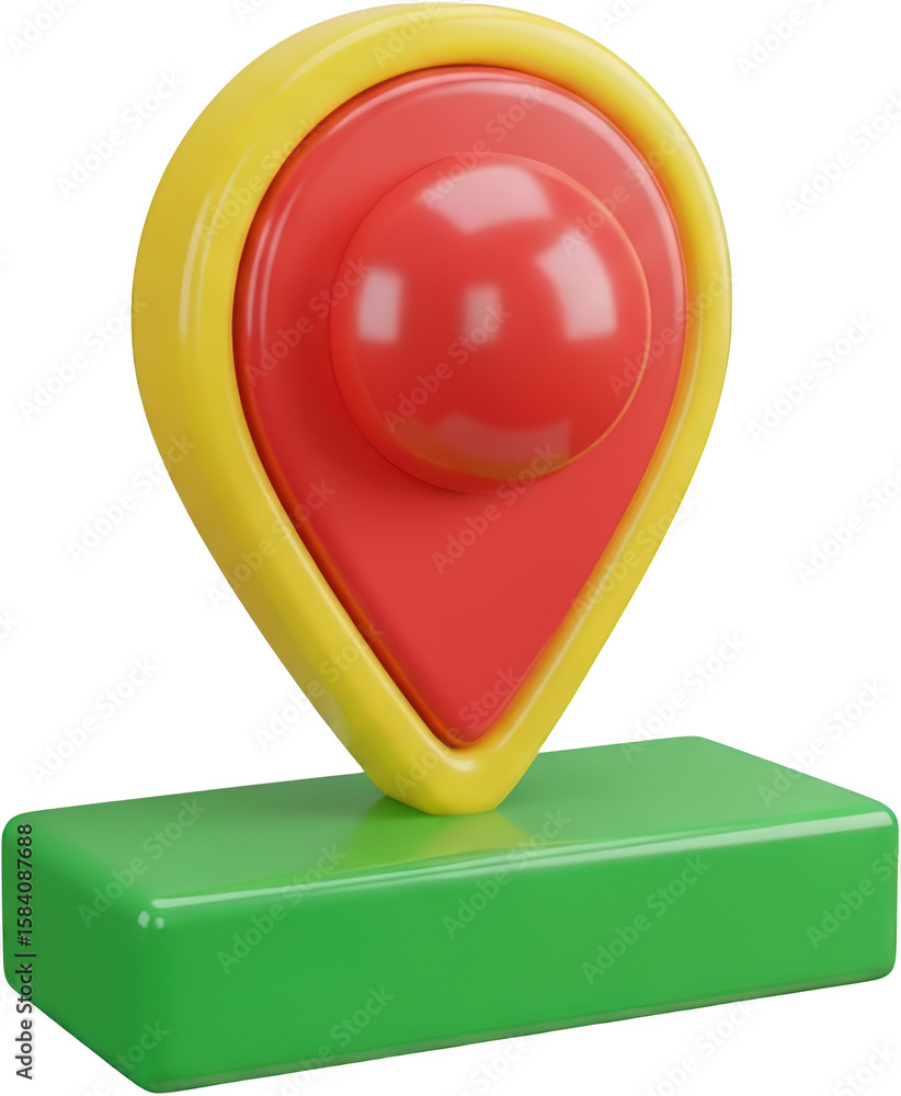 Poster red and yellow 3d map pin marker icon with a green base location marker transparent background