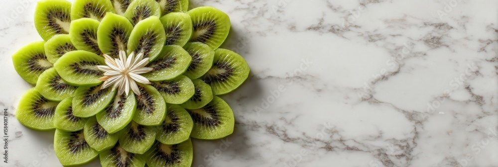 Poster sliced kiwi arranged into a flower mandala on a marble background with upper third left blank for cr