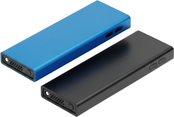 Two sleek rectangular electronic devices one blue one black with ports and buttons transparent background