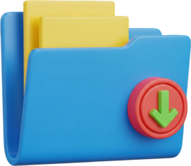 Blue folder with yellow documents and a red circle with a green down arrow icon transparent background