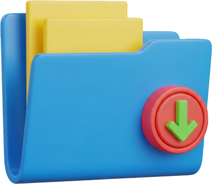 Blue folder with yellow documents and a red circle with a green down arrow icon transparent background