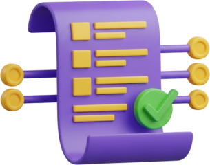 3D Rendered Purple Checklist With Yellow Text Boxes And Green Checkmark Icon Isolated Transparent Background Isolate