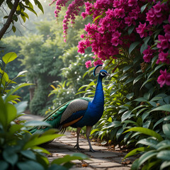 Obraz premium Peacock in Jungle Garden with Bougainvillea A majestic peacock with open tail feathers walking past cascading magenta bougainvillea flowers and lush greenery