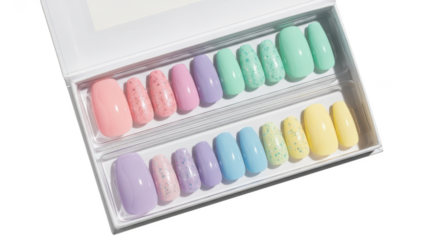 Pastel press on nails set with glitter accents isolated on transparent background