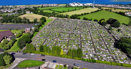 Aerial view of St Anthonys Chapel and Greenland Cemetery Graveyard Craigyhill Larne Antrim Northern...