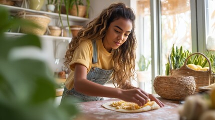 Young Latino woman making pupusas in kitchen indoors. Concepts of Latin American food, hospitality, Tex Mex, national food, welcomeness, fusion, old age, man cooking
