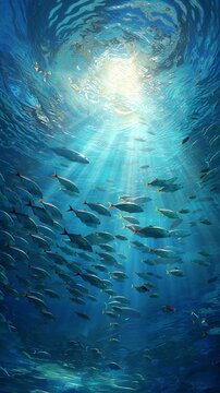 Vertical video majestic underwater. Colorful tropical fish swimming gracefully in all directions, sunlight from above shimmering through the water like heaven