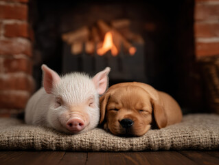 piglet and a puppy are peacefully sleeping side by side on a carpet in front of a cozy fireplace.