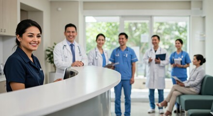 Friendly Hispanic receptionist at clinic front desk with a diverse medical team of doctors and nurses smiling in the background. Patient care and healthcare services.