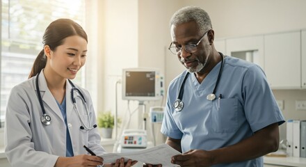 Young Asian female doctor and senior African American male doctor reviewing medical records together in a hospital room. Medical team collaboration.