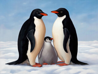 Fototapeta premium Two adult penguins and a chick stand on snow under a blue sky, showcasing a family scene in a cold environment.