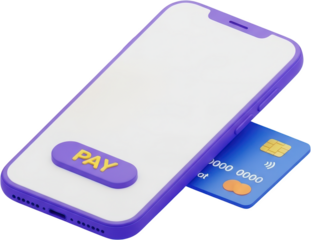 3D render of a purple smartphone with a credit card inserted and a prominent 'PAY' button transparent background
