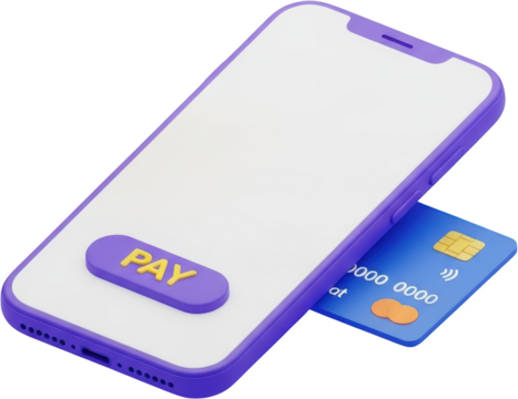 3D render of a purple smartphone with a credit card inserted and a prominent 'PAY' button transparent background