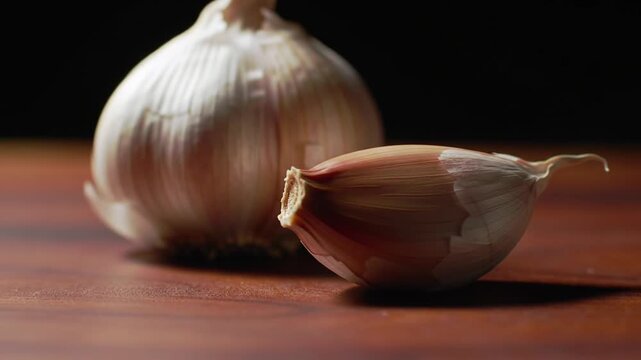 Close Up Still Life Fresh Garlic Bulb And Clove On Wood Surface