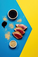 Decosntructed Seared Tuna with Sesame Seeds on Bold Background. Concepts of deconstructed food, seafood, raw fish, Japanese cuisine, fusion