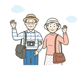 仲の良い老夫婦が旅行先で楽しんでいる上半身イラスト
