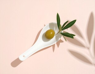 Minimalist Olive on Ceramic Spoon &ndash; Pastel Background