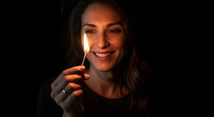 Obraz premium Smiling Woman Holding a Lit Match Illuminating Her Face