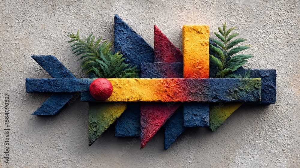 Poster a 3d retro abstract collage featuring geometric shapes arranged in the form of pointing arrow symbol