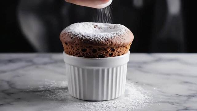 Delicious mini dessert with chocolate chips and a creamy topping, served in a ramekin. Dusted with powdered sugar for extra sweetness.