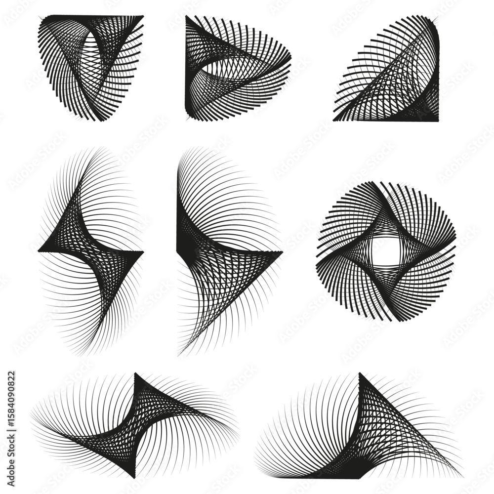 Poster abstract geometric shapes. dynamic line patterns. modern vector elements. optical illusion graphic.