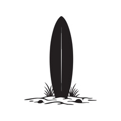 Surfboard Standing in Sand with Waves – Pure Summer Beach Sport Silhouette Design