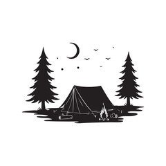 Camping Tent with Fire and Trees – Pure Black Outdoor Nature Scene Silhouette Icon