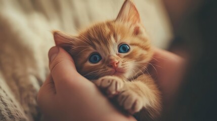 Adorable ginger kitten with bright blue eyes gently held in loving hands