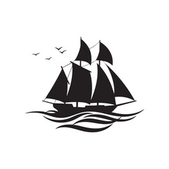 Sailboat with Large Sails on Waves – Classic Nautical Silhouette Scene Vector Design