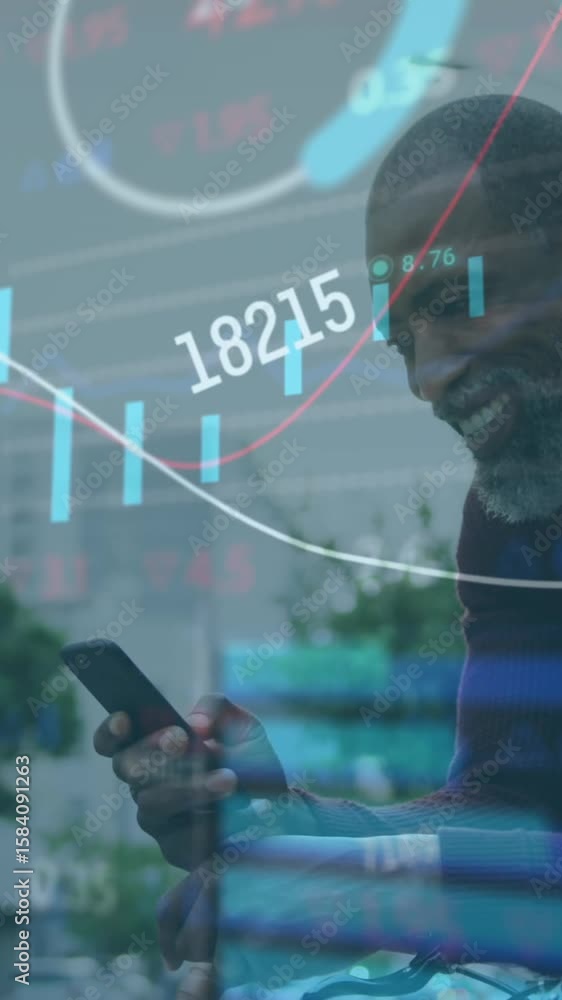 Poster animation of data processing over african american man using smartphone