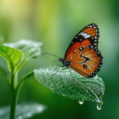 Monarch Butterfly on Dewy Leaf