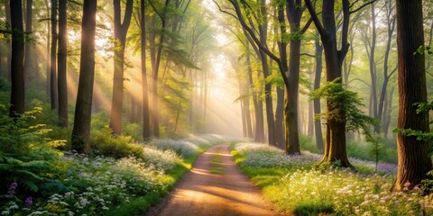 Obraz premium Golden sunlight streams through a misty woodland path, illuminating a carpet of wildflowers