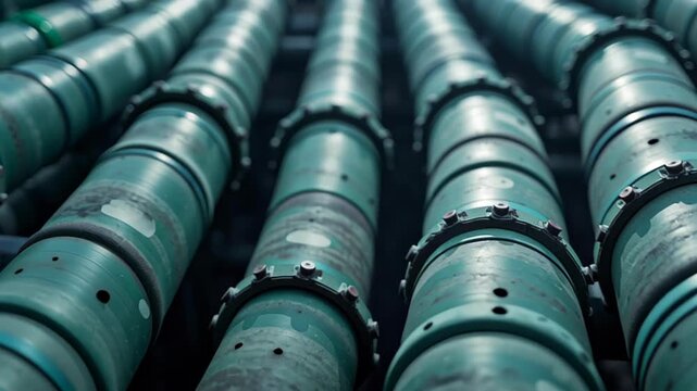 Oil gains concept ,Pipes industrial setting showcase green color and textured surface, arranged parallel for durability