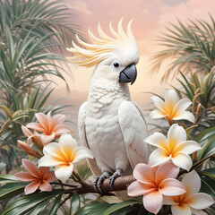 White Cockatoo Among Frangipani Flowers A white cockatoo with a soft yellow crest perched gracefully near blooming frangipani (plumeria) flowers, set against a dreamy pastel sky and palm fronds 