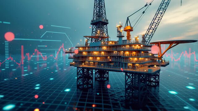 Oil gains concept ,Futuristic Oil Rig Model Showcasing Energy Industry with Data Visualization and Technology Construction