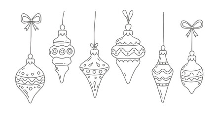 Hand-Drawn Christmas Ornaments: Vintage Style, Decorative Baubles with Intricate Line Designs