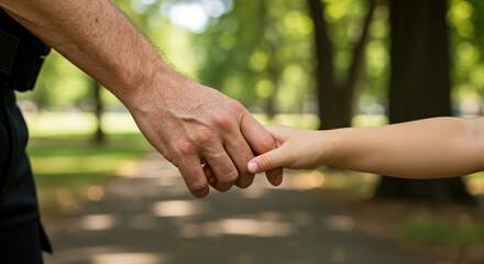 Policeman holding a child's hand while walking in a park. Father and son representing trust, safety, and guidance.
