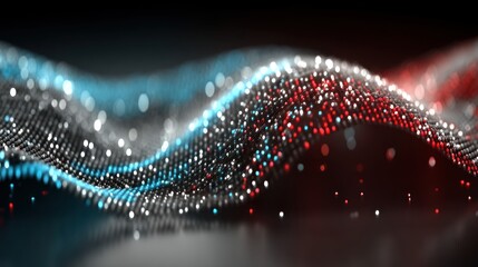 Abstract Digital Wave: Red, Blue, and Silver Particle Flow