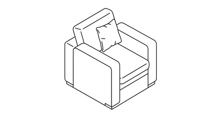 Isometric Line Art: Modern Armchair with Cushion, Minimalist Design