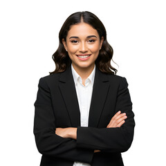 Portrait of a confident young professional businesswoman in a black suit with arms crossed, smiling at the camera. Successful female entrepreneur isolated on a white background.