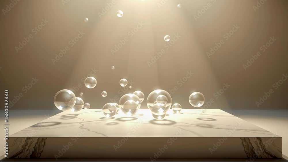 Poster mesmerizing floating bubbles reflecting light on marble surface, showcasing geometry in infographics