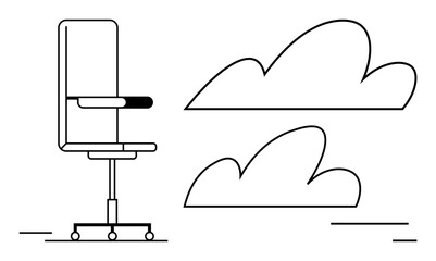 Office chair with clouds symbolizing remote work, balance, relaxation, freedom, productivity, modern lifestyle, flexibility. Ideal for career, office design creativity remote work simple landing