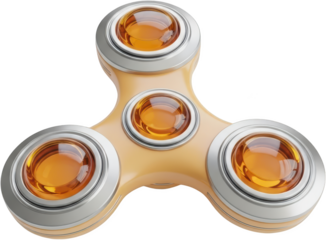 A tri spinner fidget toy with three amber colored glass bearings and silver accents isolate